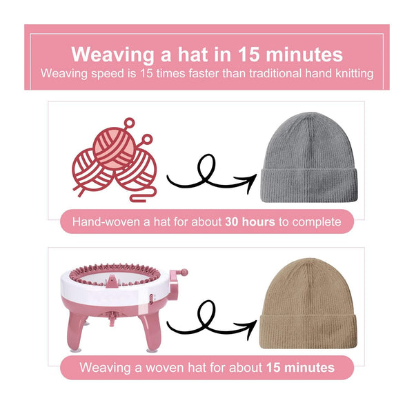 Comparison of weaving a hat using a machine versus traditional hand knitting on a pink background.
