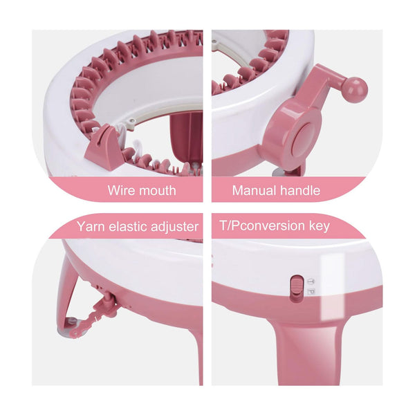 Pink knitting loom with labeled parts on a white background