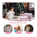Child in a cozy room with a Christmas tree, surrounded by baby and birthday gift images.