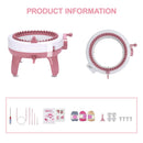 Pink knitting loom with accessories on a white background