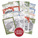 A set of Christmas-themed art prints or cards fanned out on a white background, each featuring winter village scenes in black and white with red, green, or blue floral borders. A red circular badge at the bottom reads 'INCLUDES 6 OF EACH DESIGN'.