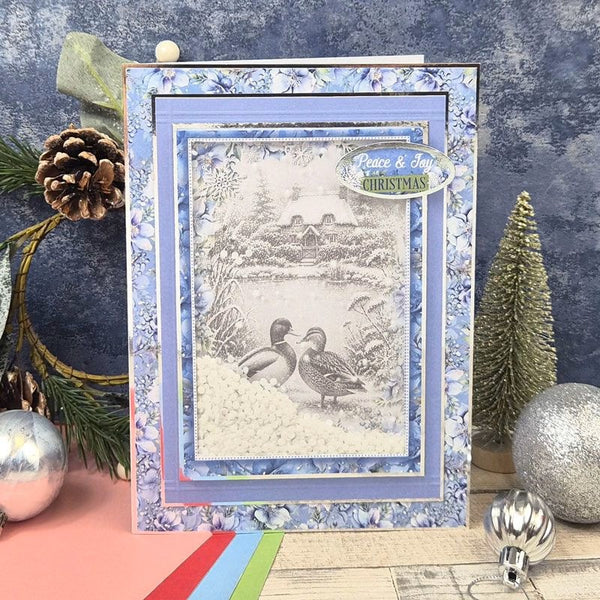 A handmade layered greeting card featuring a winter landscape with two ducks in the snow, surrounded by a blue floral border. The card is styled with holiday props including pinecones, a miniature tree, and silver ornaments against a textured blue background.