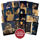 A collage of multiple Christmas-themed square card or print designs in dark blue and gold, featuring festive illustrations such as snowflakes, angels, a robin, Santa, a snow globe, candles, and ornaments. A red circular badge at the bottom reads 'INCLUDES 6 OF EACH DESIGN'.