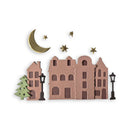 Decorative set with houses, a moon, stars, and a tree on a white background