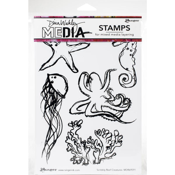 Dina Wakley Media Cling Stamps 6in  x 9in  - Scribbly Reef Creatures*