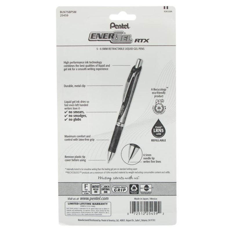 Pentel EnerGel RTX Retractable Liquid Gel Pen 0.5mm 5 pack - Assorted Colours*