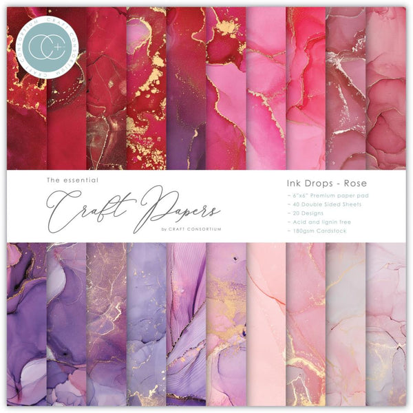 Craft Consortium Double-Sided Paper Pad 6"X6" 40/Pkg Ink Drops - Rose, 20 Designs