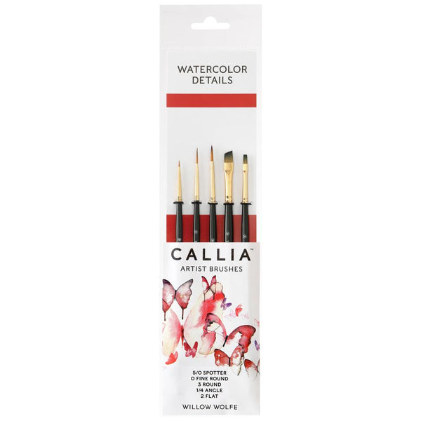Willow Wolfe Callia Artist Watercolour Details Brush Set Spotter, Fine Round, Round, Angle, Flat