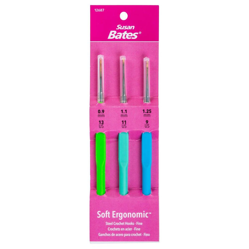 Susan Bates Steelite Soft Ergonomic Steel Crochet Hook Set Fine - Sizes 0.9mm,1.1mm and 1.25mm*