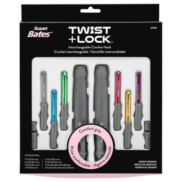 Susan Bates Twist + Lock Deluxe Intchg Crochet Hook Set sizes F5/3.75mm to K10.5/6.5mm