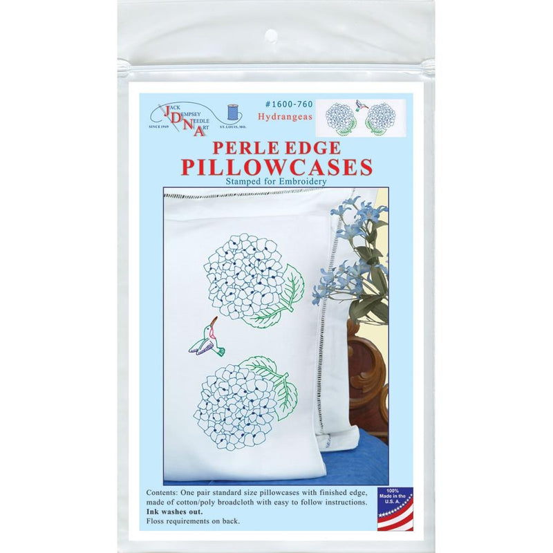 Jack Dempsey Stamped Pillowcases  with White Perle Edge 2 pack  Hydrangeas