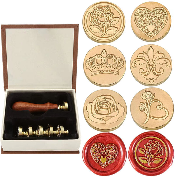 Poppy Crafts Wax Seal Stamp Set Brass Head 6pcs, Wooden Handle #1