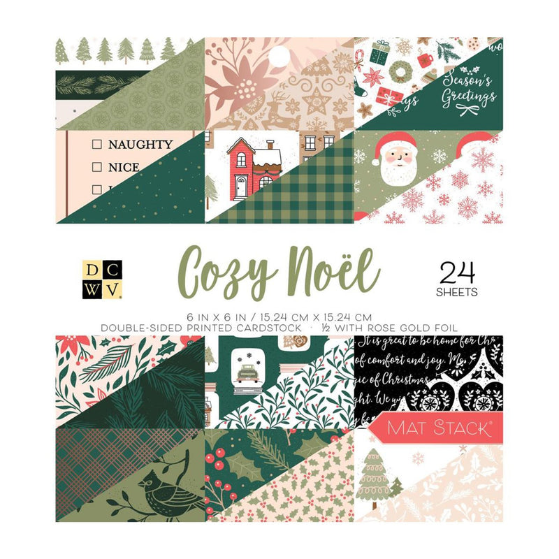 DCWV Double-Sided Cardstock Mat Stack 6"x 6" 24 Pack - Cozy Noel, W/Rose Gold Foil*
