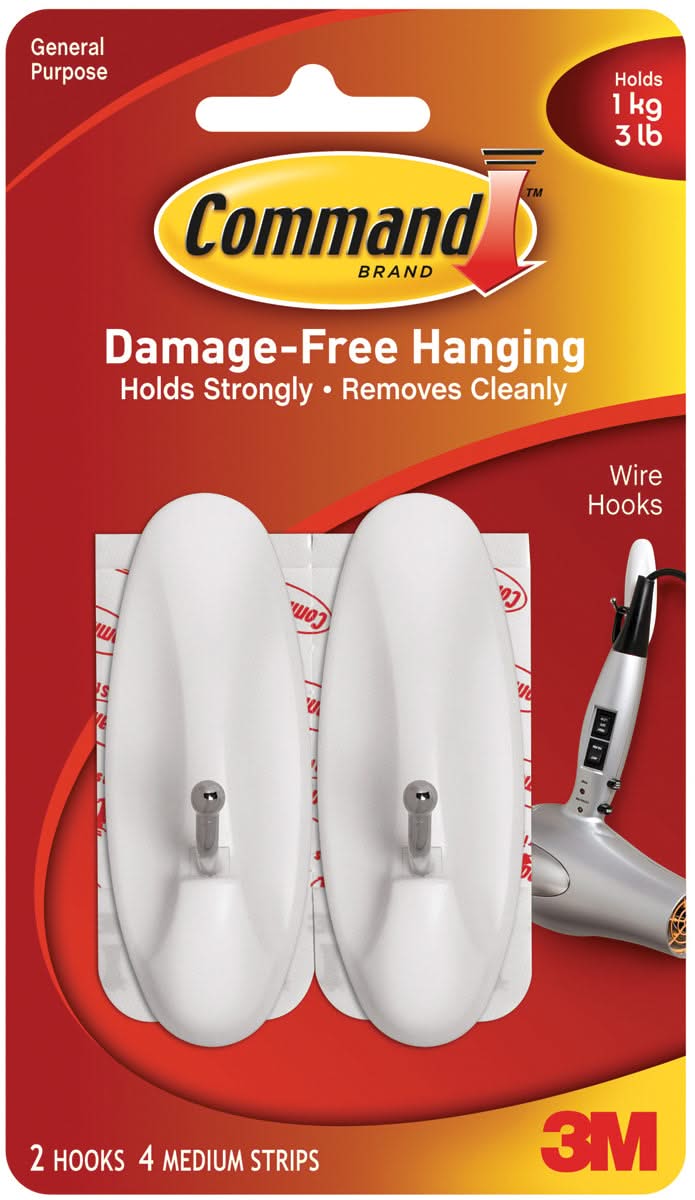 Command Medium Wire Hooks, White - 2 Hooks & 4 Strips*