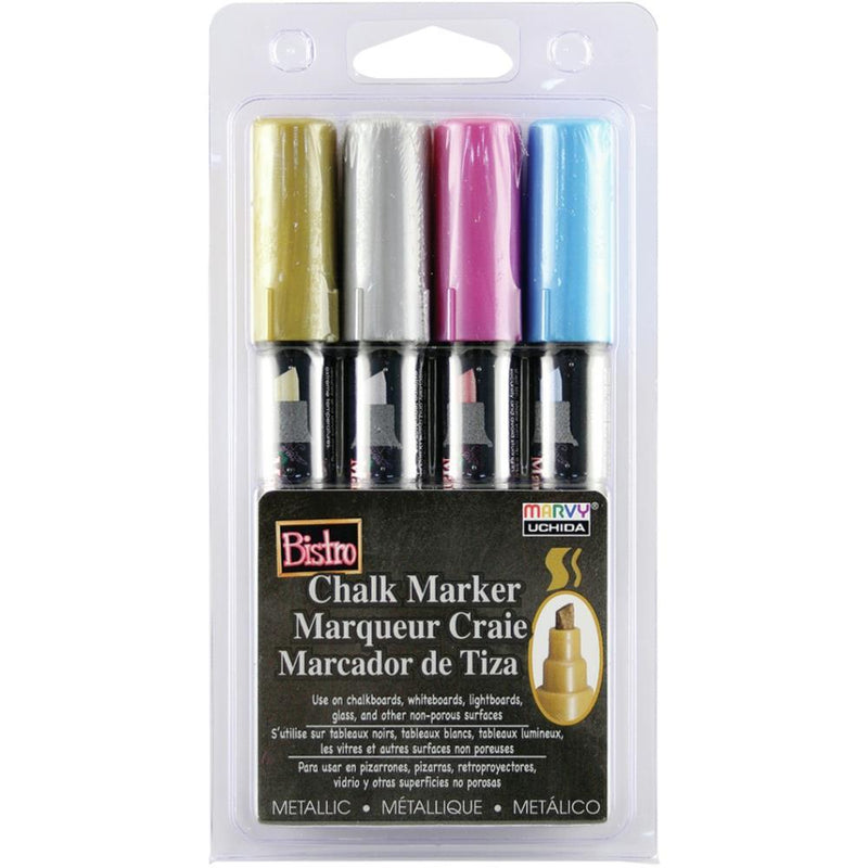 Uchida Bistro Chalk Marker Chisel Tip Set 4 pack Metallics - Gold, Silver, Red & Blue