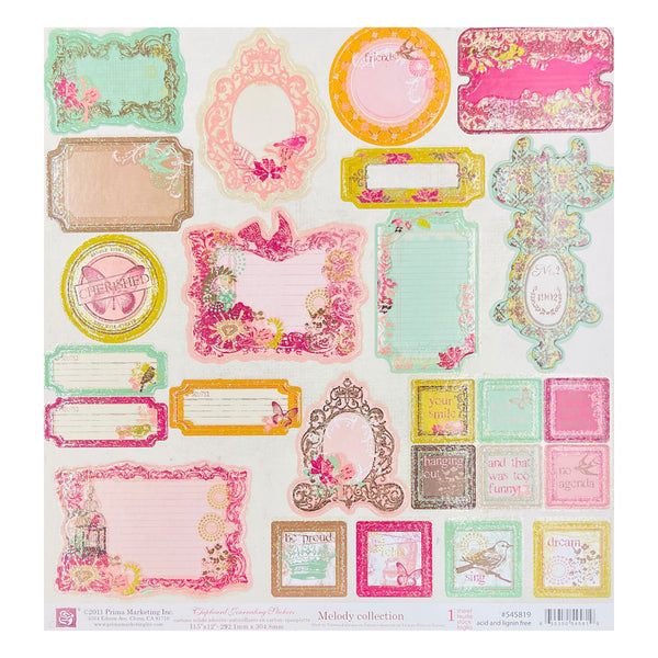 Prima Marketing Chipboard Stickers 25 pack - Shapes with Glitter Accents - Melody Collection