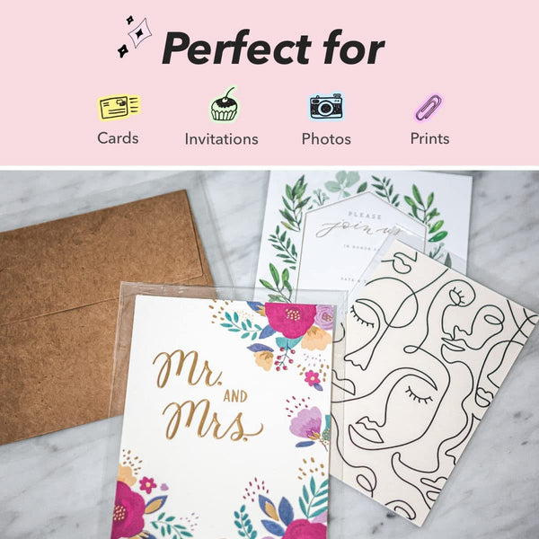 Greeting cards and an envelope on a marble surface with text 'Perfect for' at the top.