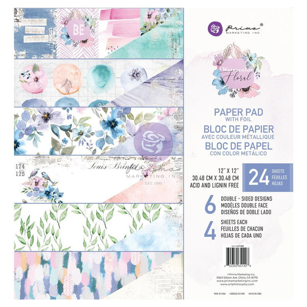Prima Marketing Double-Sided Paper Pad 12"X12" 24 pack - Watercolour Floral, 6 Designs/4 Each*