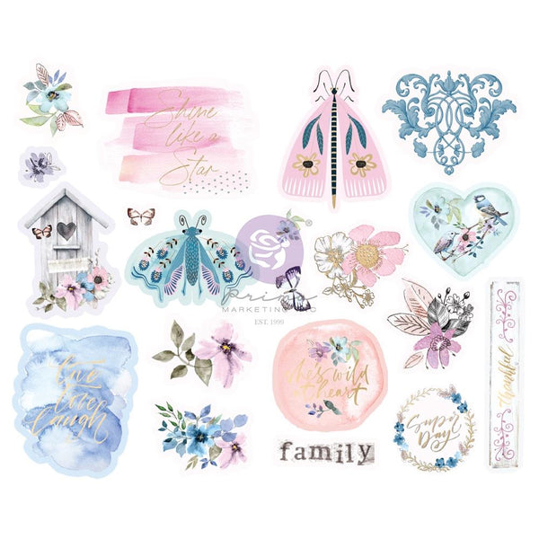Prima Marketing Watercolour Floral Chipboard Stickers 20 pack - Shapes  with Foil Accents*