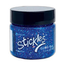 Jar of Stikkles Glitter Gel with blue glittery substance on a white background