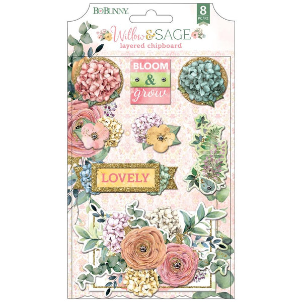 BoBunny Willow & Sage Layered Chipboard Stickers 8 pack