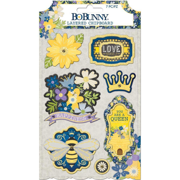 BoBunny - Bee-Utiful You Adhesive Layered Chipboard 7 pack with Gold Glitter Accents