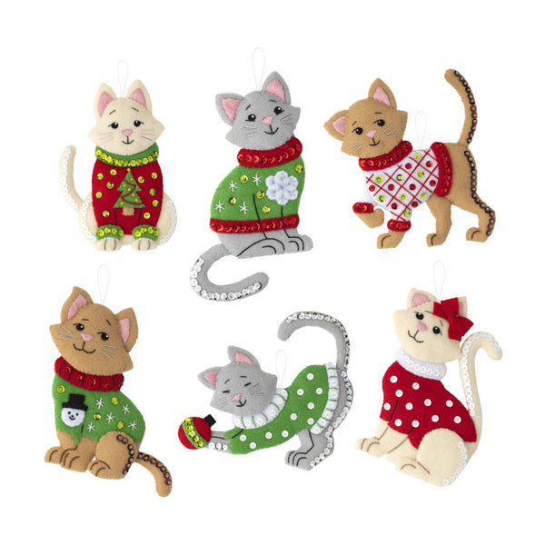 Bucilla Felt Ornaments Applique Kit Set of 6 Cats In Ugly Sweaters