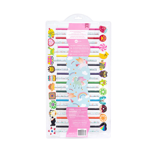 American Crafts - Art Supply Basics Collection - Pencil and Eraser Kit - Unicorn- 48 Pieces