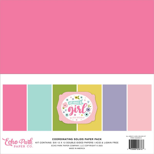 Echo Park Double-Sided Solid Cardstock 12"x 12" 6 pack - All About A Girl, 6 Colours