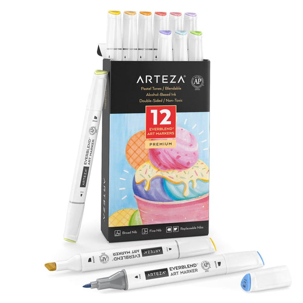 Arteza EverBlend Ultra Markers 12 pack - Pastel, Broad Chisel And Fine Tip