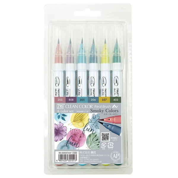 Kuretake ZIG Clean Colour Real Brush Markers 6 pack - Smoky Colours*
