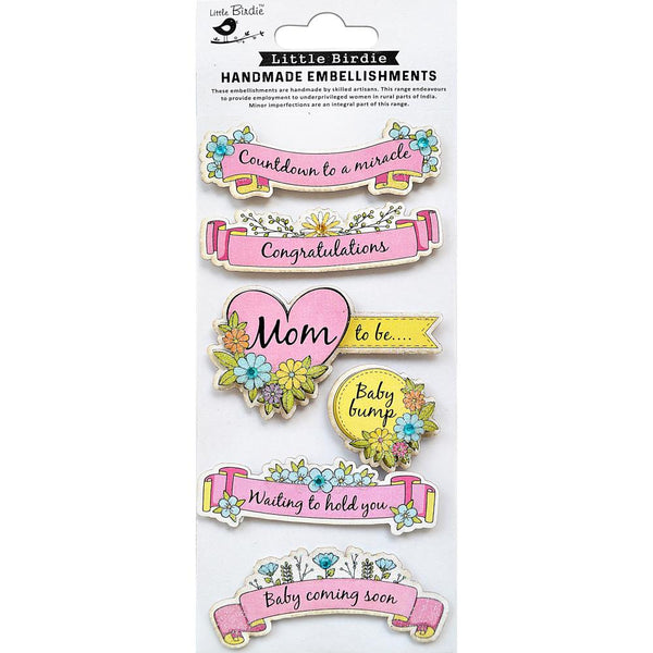 Little Birdie Baby Embellishment 6/Pkg - Countdown To A Miracle Pink