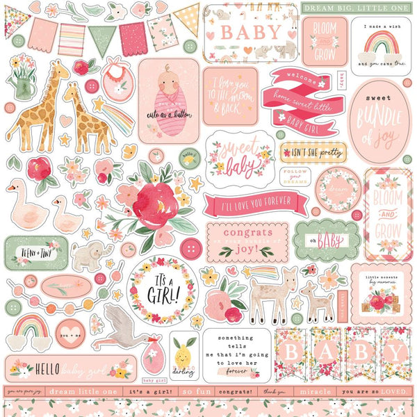 Echo Park Welcome Baby Girl Cardstock Stickers 12in x 12in - Elements