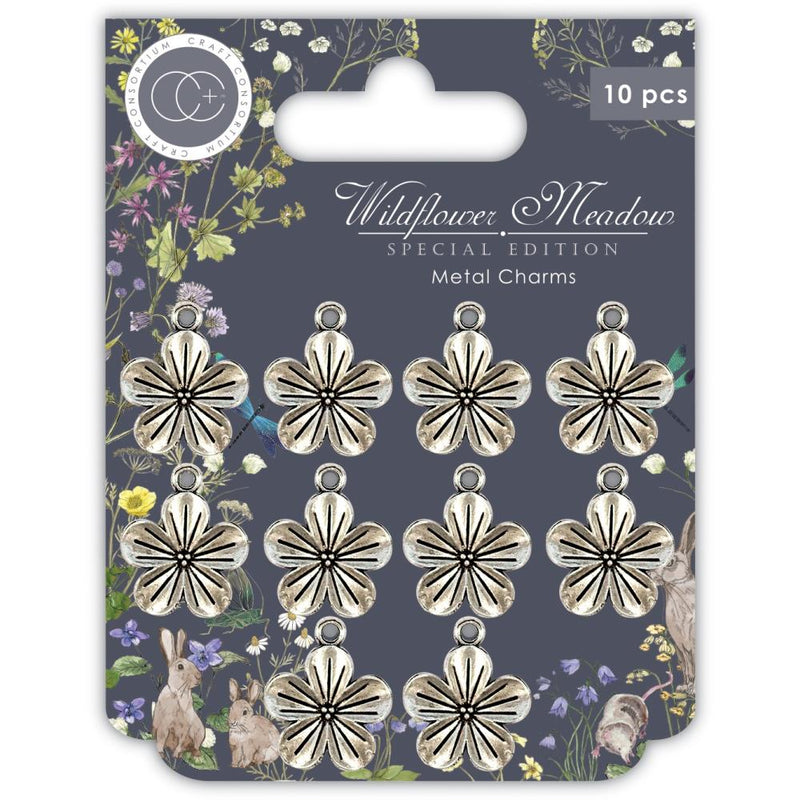 ^Craft Consortium Wildflower Meadow Metal Charms 10 pack - Silver Flowers^