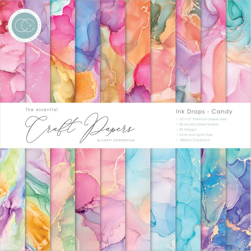 Craft Consortium Double-Sided Paper Pad 12"X12" 30 pack - Ink Drops - Candy, 20 Designs