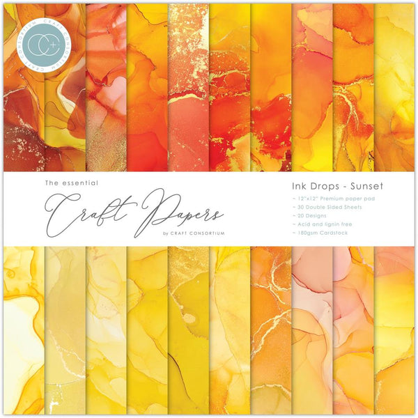 Craft Consortium double-sided paper pad 12"X12" 30-pack -  Ink Drops - Sunset (20 designs)