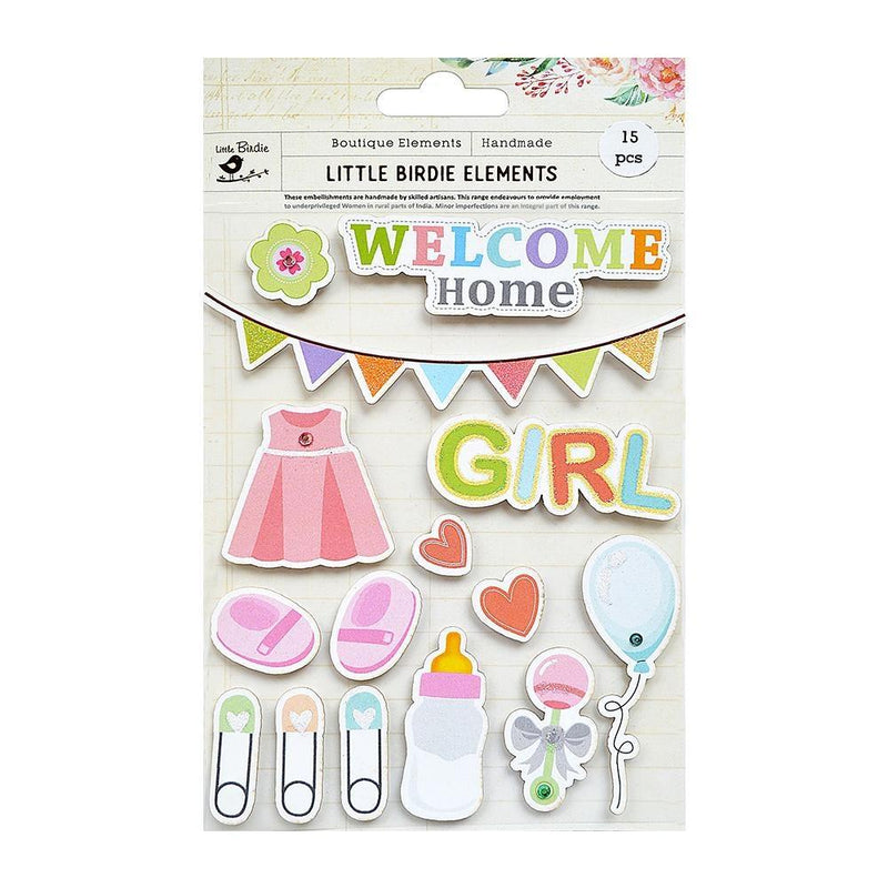 Little Birdie Welcome Home Embellishment 15 pack  Baby Girl*