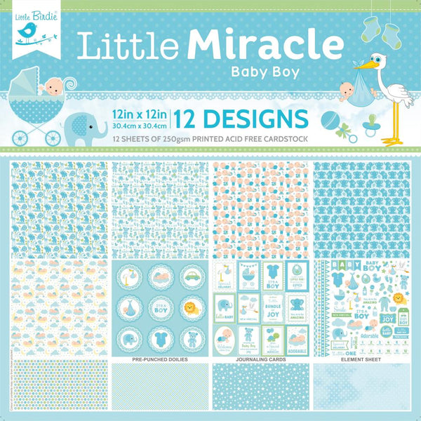 Little Birdie Little Miracle Cardstock Pack 12"x 12" 12 pack - Baby Boy