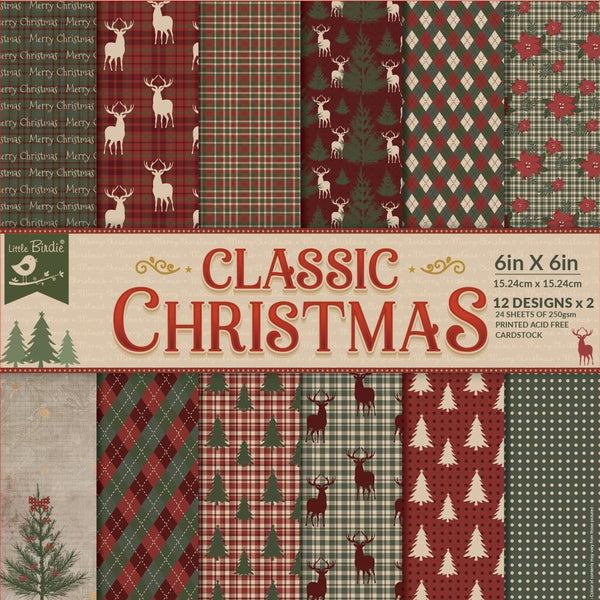 Little Birdie Cardstock 24 Sheet Pack 6"X6" Classic Christmas*