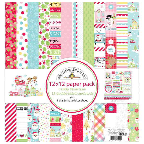 Doodlebug Double-Sided Paper Pack 12"X12" 12 pack Candy Cane Lane*