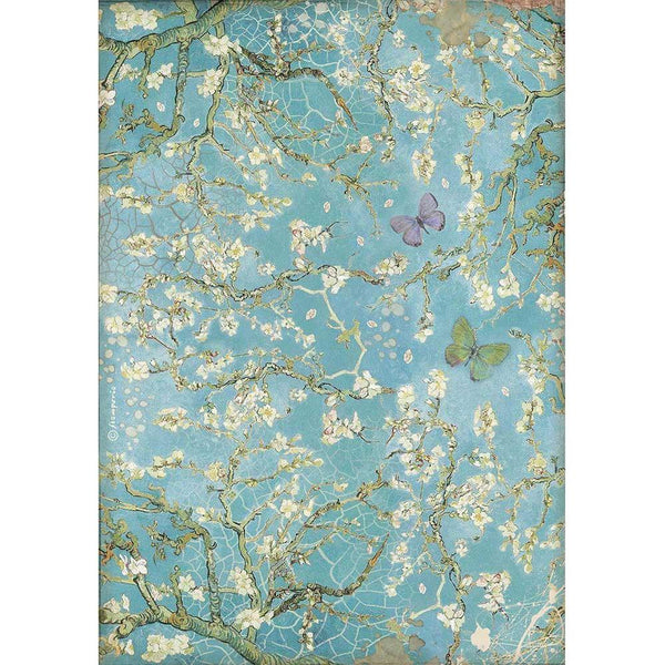 Stamperia Rice Paper Sheet A4 - Blossom Blue Background with Butterfly, Atelier
