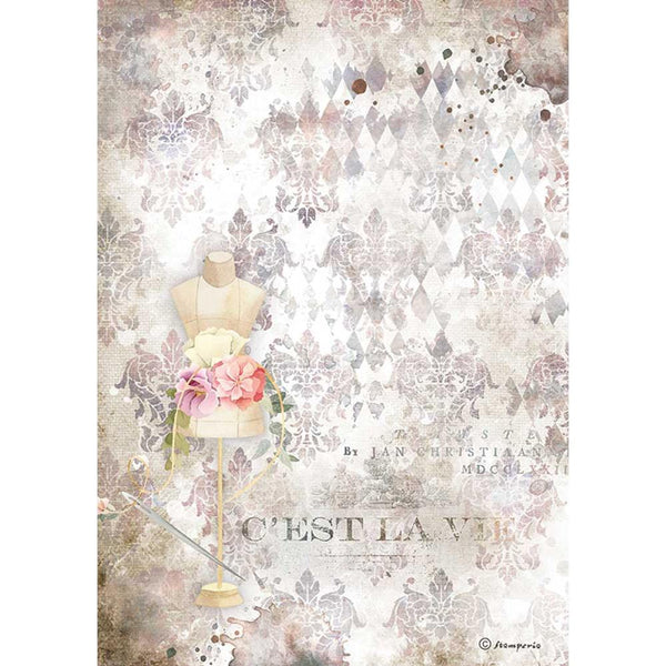 Stamperia Rice Paper Sheet A4 - Threads Pink Mannequin, Romantic