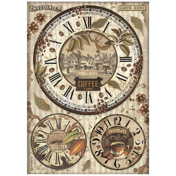 Stamperia Rice Paper Sheet A4 - Coffee And Chocolate - Clocks