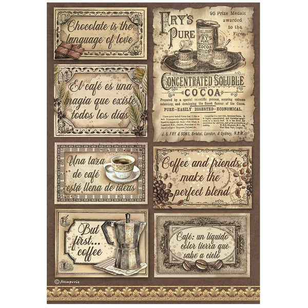 Stamperia Rice Paper Sheet A4 - Coffee And Chocolate - labels