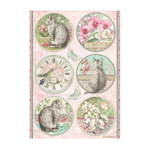 Stamperia Rice Paper Sheet A4 - Orchids & Cats - Six Rounds