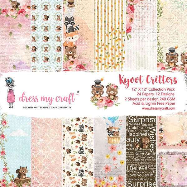 Dress My Crafts Single-Sided Paper Pad 12in x 12in  24 pack - Kyoot Critters, 12 Designs/2 Each*