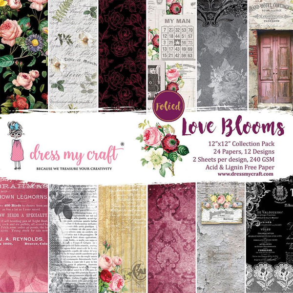 Dress My Crafts Single-Sided Paper Pad 12in x 12in  24 pack - Love Blooms, 12 Designs/2 Each