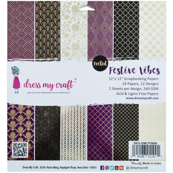 Dress My Craft Single-Sided Paper Pad 12"X12" 24 pack Festive Vibes, 12 Foiled Designs/2 Each*