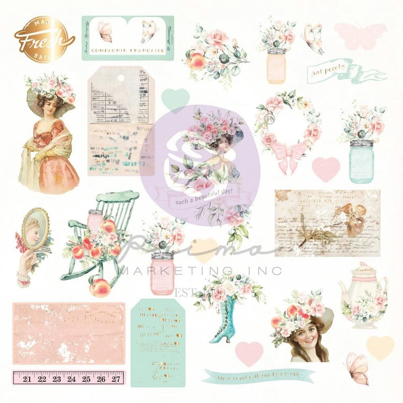 Prima Marketing Peach Tea By Frank Garcia Cardstock Ephemera 29 pack - Shapes, Tags, Words, Foiled Accents*