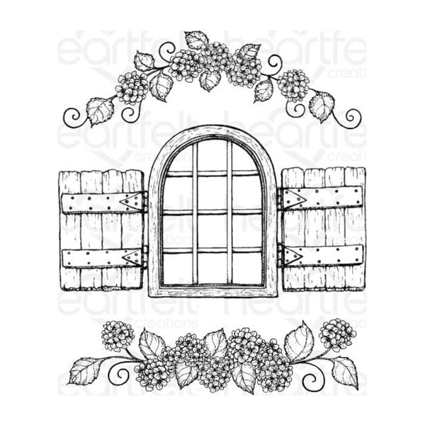 Heartfelt Creations Cling Rubber Stamp Set - Cottage Garden - Window & Hydrangea - Set of 3